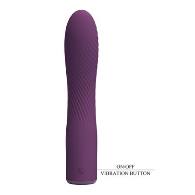 Vibrador roxo com textura ondulada e botão de ligar/desligar