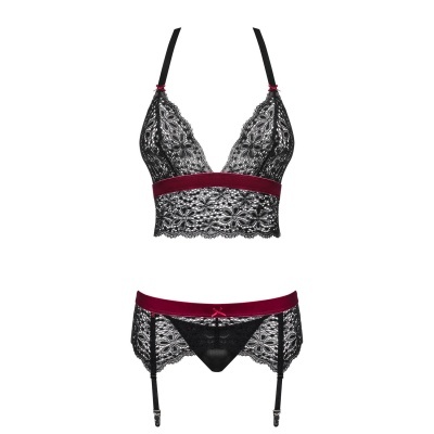 Conjunto lingerie renda preta com detalhes em cetim bordô e tiras ajustáveis