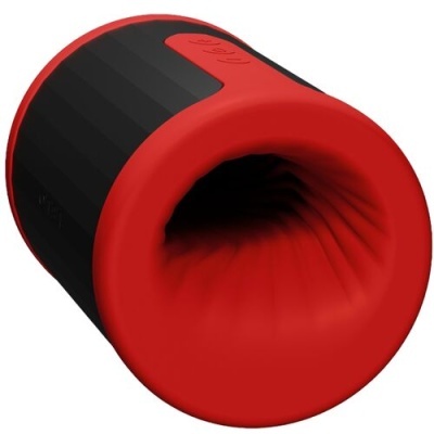 Dispositivo cilíndrico vermelho e preto com textura interior e botão com texto em relevo