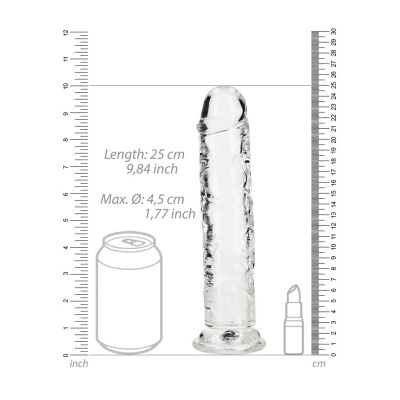 Dildo transparente com escala de tamanho e texto de medidas