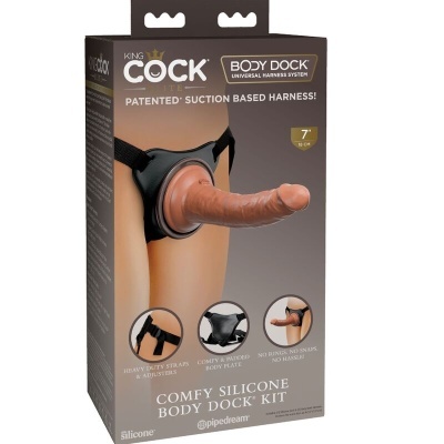 Embalagem de arnês Body Dock com dildo de silicone castanho e correias pretas