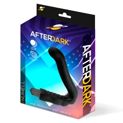 Caixa com vibrador preto curva para próstata e ponto P With texto AFTERDARK