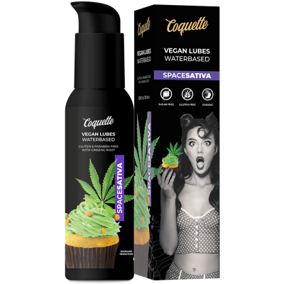 Frasco e embalagem de lubrificante Coquette Vegan Lubes Waterbased Space Sativa com imagem de cupcake e mulher surpresa
