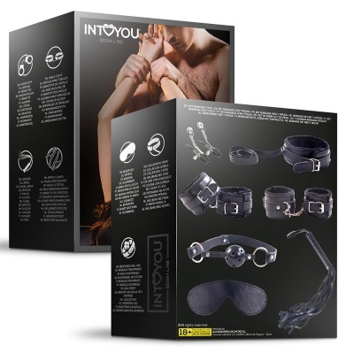 Caixa preta kit BDSM INTØYOU com acessórios em couro preto e metal
