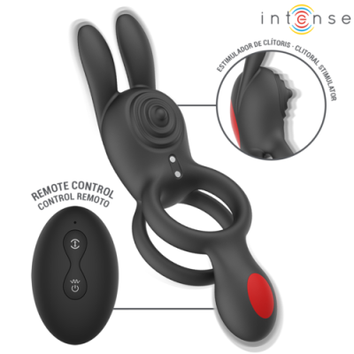 Produto em silicone preto com controlo remoto e estimulador de clítoris em formato de coelho.