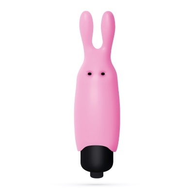 Vibrador rosa com dois prolongamentos finos e lisos em forma de orelhas de coelho e detalhes pretos.