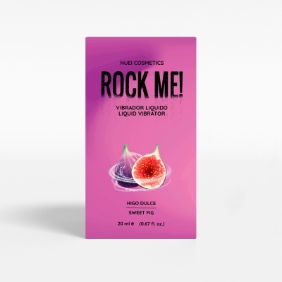Embalagem rosa de produto cosmético ROCK ME! com imagem de figo e texto em preto.