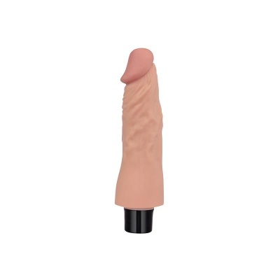 Vibrador realista cor pele com base preta sobre fundo branco