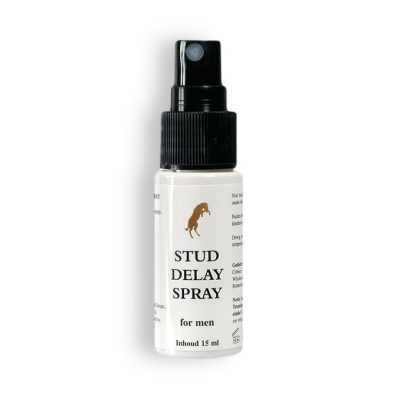 Frasco de spray branco com tampa preta e texto STUD DELAY SPRAY