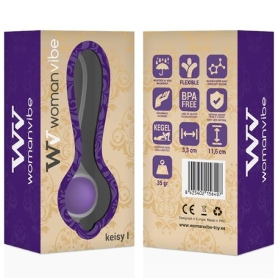 Embalagem de produto Womanvibe Kegel roxo e bege com texto e ícones informativos
