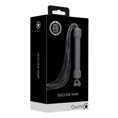 Embalagem preta de chicote de silicone cinzento com cabo e ponta em forma de coração.