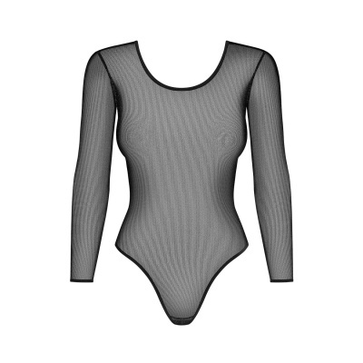 Body feminino de malha transparente preta com mangas compridas