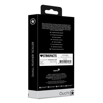 Embalagem preta de produto Small Feather Tickler com texto multilingue e informações técnicas e de contacto