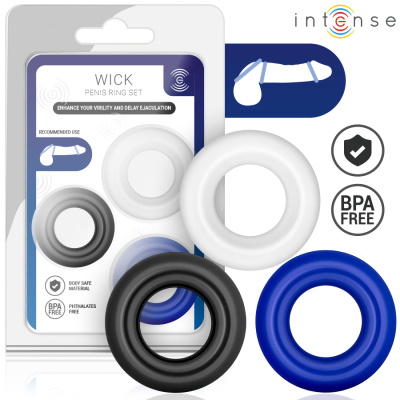 Conjunto de anéis para pénis Wick em silicone nas cores branco, preto e azul com embalagem e símbolos BPA Free.