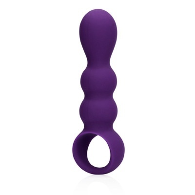 Vibrador de silicone roxo com textura em forma de esferas e anel na base