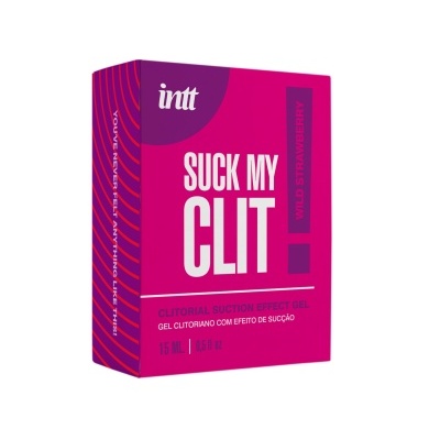 Embalagem rosa de gel clitoriano com texto SUCK MY CLIT WILD STRAWBERRY