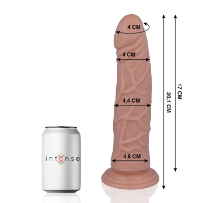 Dildo cor pele com texturas e medidas ao lado, ao lado de uma lata branca com texto intense
