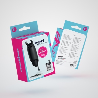 Embalagens do vibrador o-pet pocket vibe em azul e rosa com imagem do produto preto e informações sobre 10 vibrações