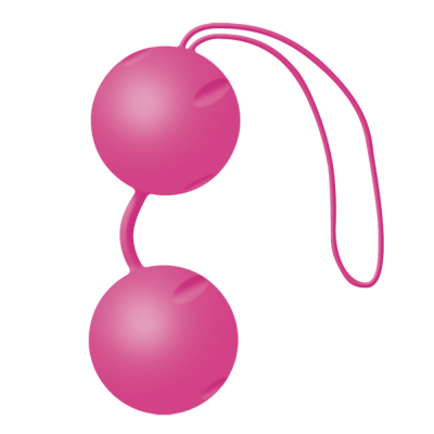 Duas esferas rosadas conectadas por cordão flexível rosa em fundo branco
