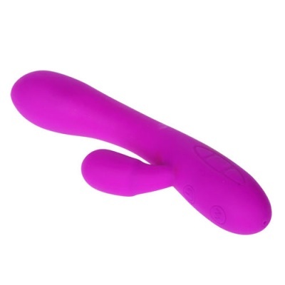 Vibrador rosa em silicone com duas pontas e três botões de controlo