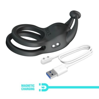 Anel preto com duas argolas e cabo USB branco para carregamento magnético