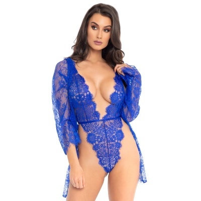 Body feminino azul de renda translúcida com padrão floral e decote profundo em V