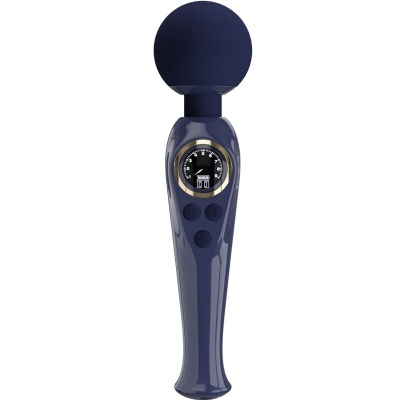 Massageador vibratório azul escuro com display digital e botões de controlo.