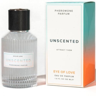 Frasco de perfume transparente canelado com rótulo branco e caixa branca com gradiente azul e laranja