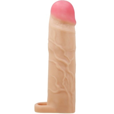 Produto em silicone formato pénis cor de pele com veias e ponta cor de rosa