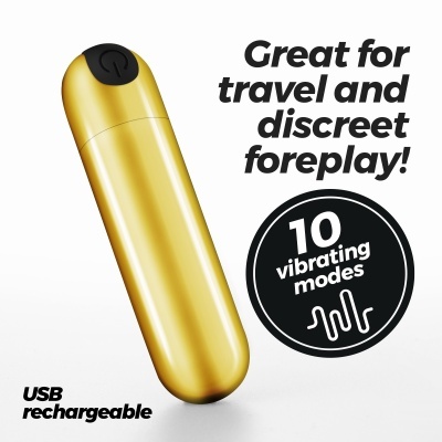Vibrador dourado com botão preto e texto promocional em fundo branco