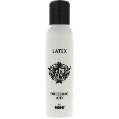 Frasco branco com tampa preta de auxílio para vestir látex, texto LATEX DRESSING AID by EROS