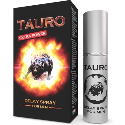 Spray metálico prateado e caixa preta com touro em chamas e texto TAURO DELAY SPRAY FOR MEN