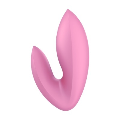 Vibrador duplo cor-de-rosa formato ergonómico fundo branco