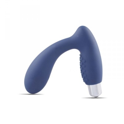Produto azul curvado com ponta metálica e textura de bolinhas