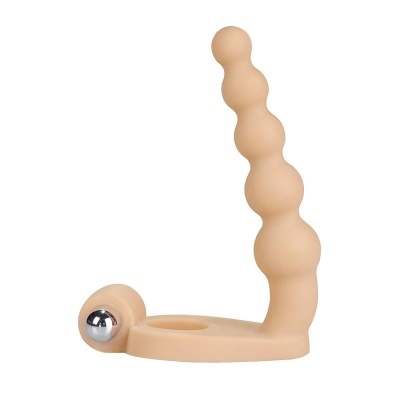 Produto em silicone cor pele com base plana e detalhe metálico prateado