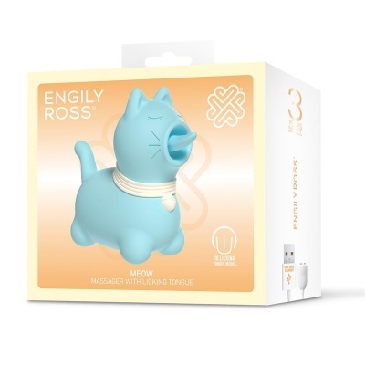 Embalagem de massajador azul em forma de gato com língua, texto ENGILY ROSS
