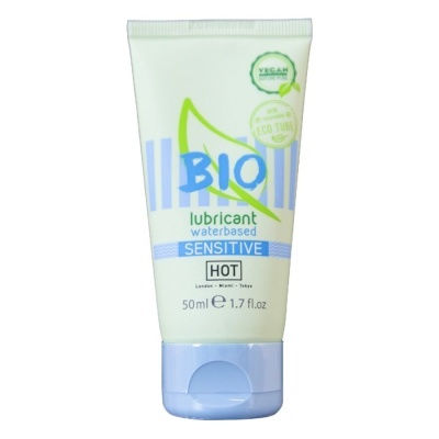 Tubo de gel lubrificante BIO Lubricant Sensitive, embalagem branca e azul com detalhes verdes