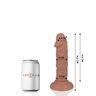 Dildo cor de pele com medidas ao lado de uma lata branca com texto intense.