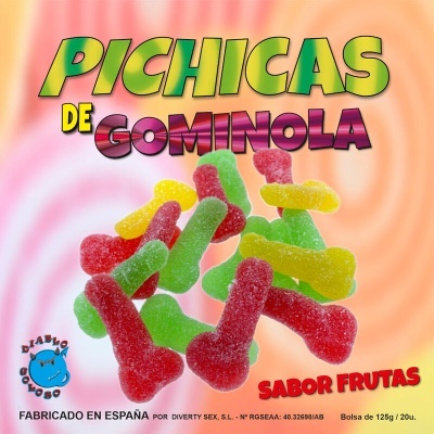 Doces de goma em forma de pénis coloridos com açúcar cristalizado e texto de embalagem
