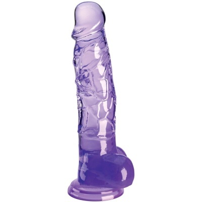Dildo translúcido roxo com textura veiculada e base larga