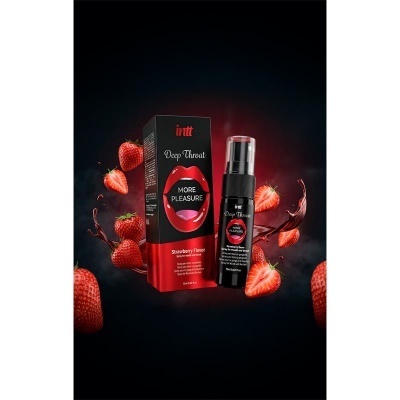 Frasco spray e embalagem Deep Throat sabor morango com morangos e líquido vermelho
