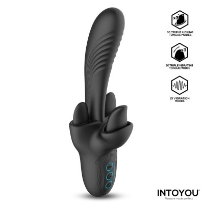 vibrador preto com três apêndices e botões azuis, texto modos de vibração