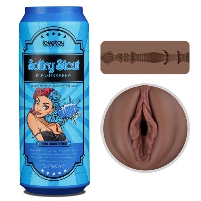 Produto sexual masculino em lata azul com ilustração e texto, túnel artesanal e modelo vaginal realista