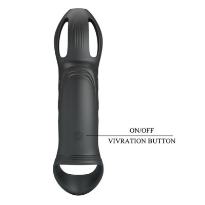 Dispositivo preto com botão ON/OFF VIVRATION BUTTON e recortes laterais em fundo branco