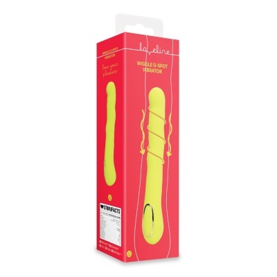 Embalagem vermelha com vibrador amarelo claro e texto WIGGLE G-SPOT VIBRATOR