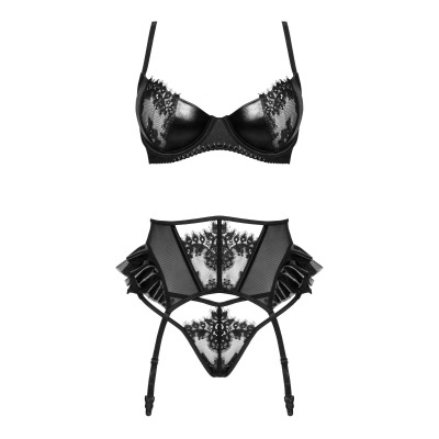 Conjunto de lingerie preto em renda e cetim com sutiã, cinta-liga e calcinha