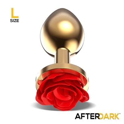 Plug anal dourado com base em rosa vermelha, texto L SIZE e AFTERDARK
