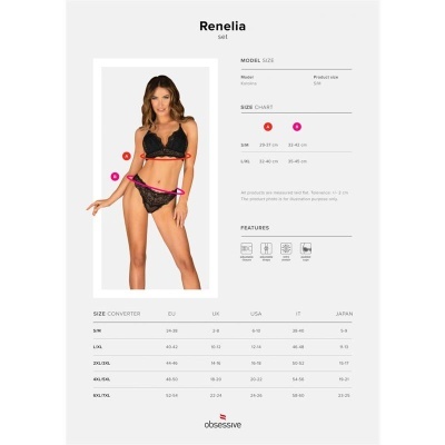 Conjunto Renelia lingerie preta em renda com padrão floral e alças finas ajustáveis, modelo feminina, tabela de tamanhos visível