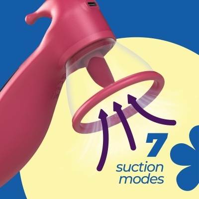 Dispositivo eletrônico rosa com zona translúcida e texto 70 suction modes