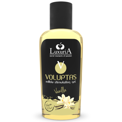 Frasco plástico transparente com gel amarelo e rótulo preto e amarelo com texto e flores de baunilha